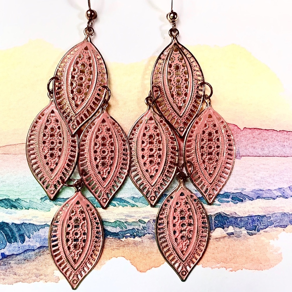 Gold Pink Waterfall Kite Leaf Large Earrings